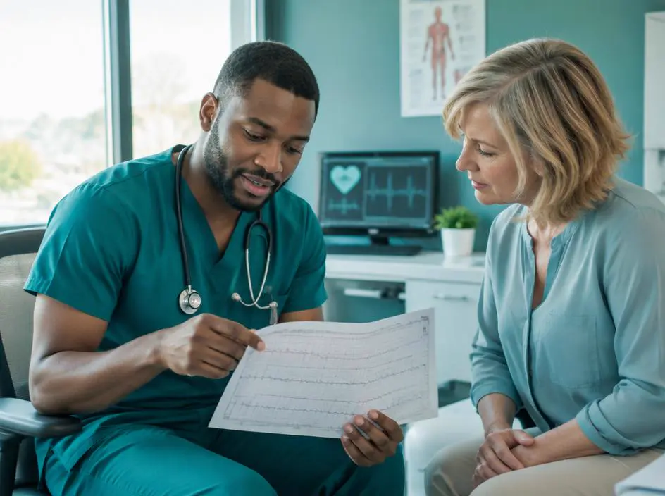 A cardiologist reviewing an ECG with a patient