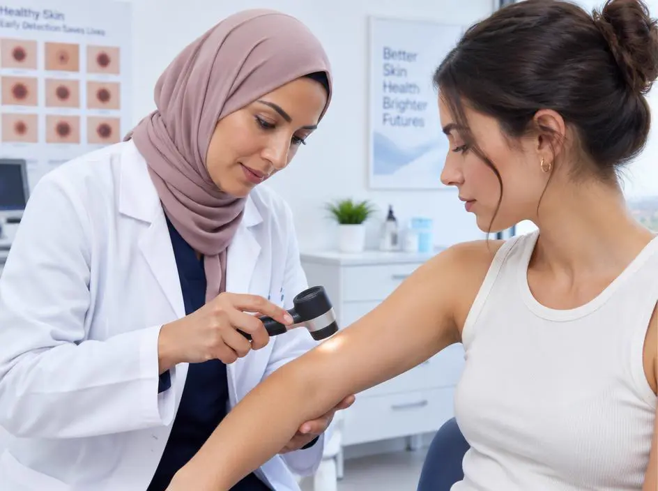 A dermatologist examining a patient's skin