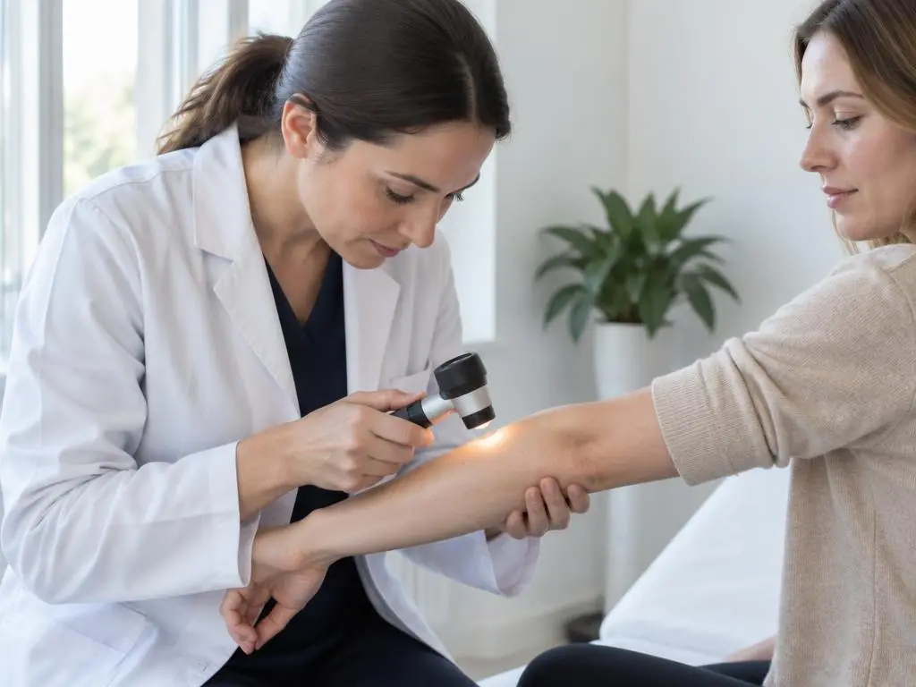 A dermatologist examining a patient's skin
