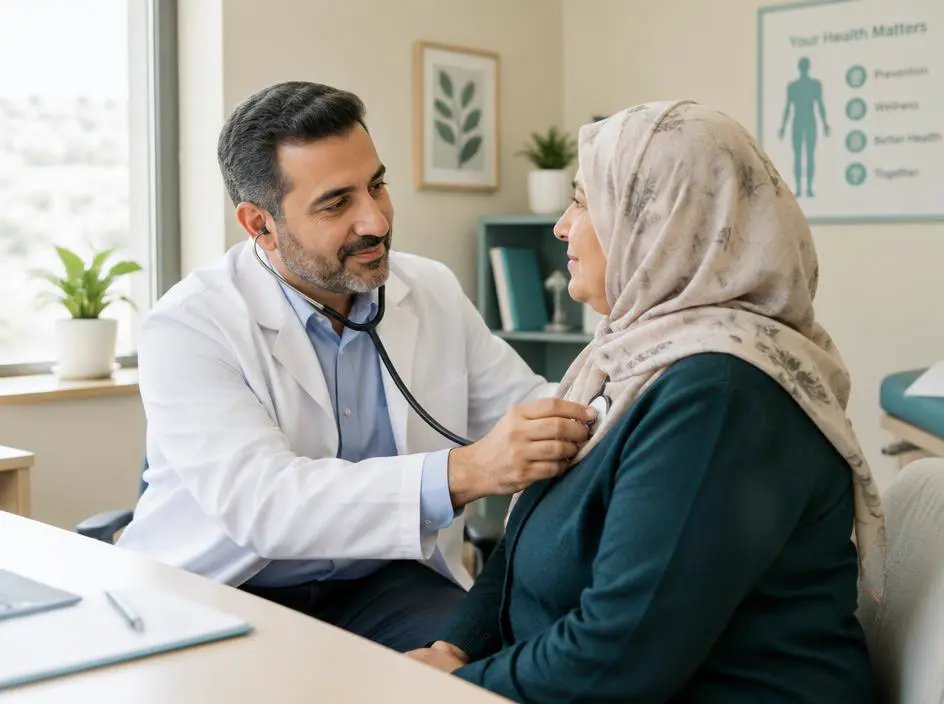 A general practitioner listening to a patient's heart