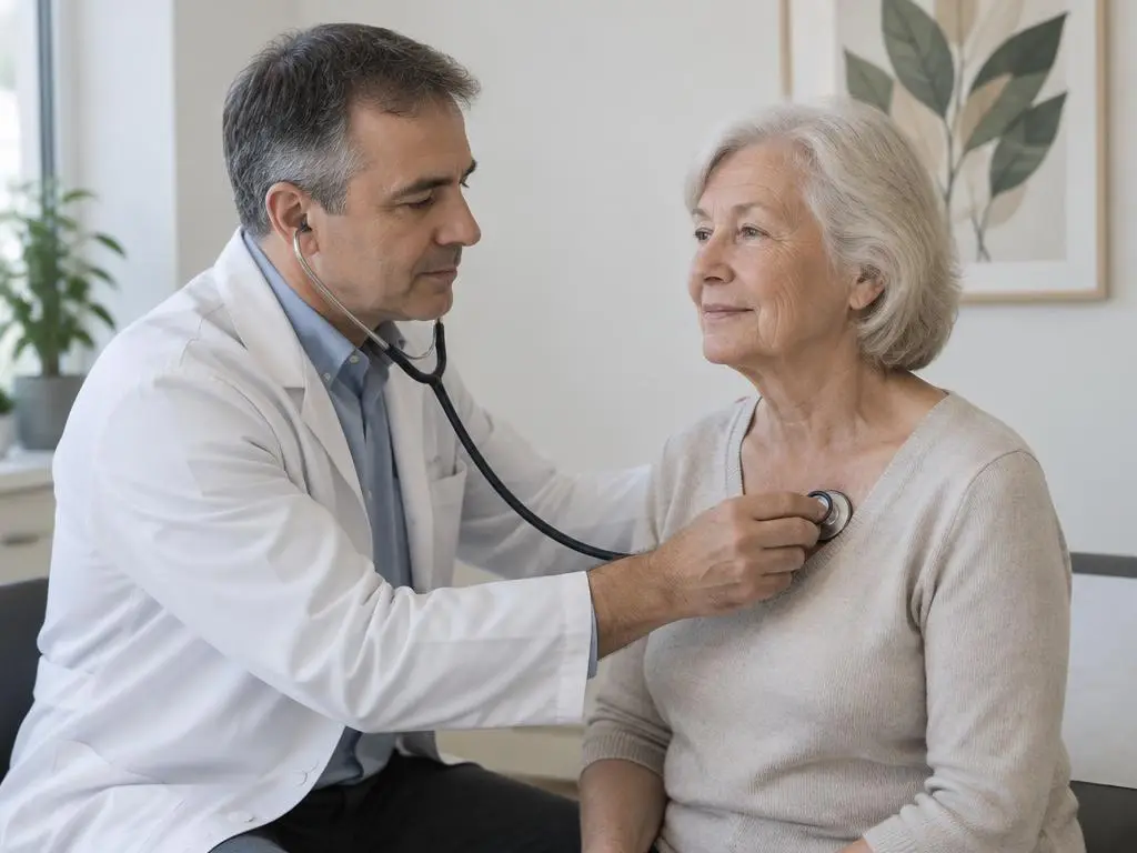 A general practitioner listening to a patient's heart