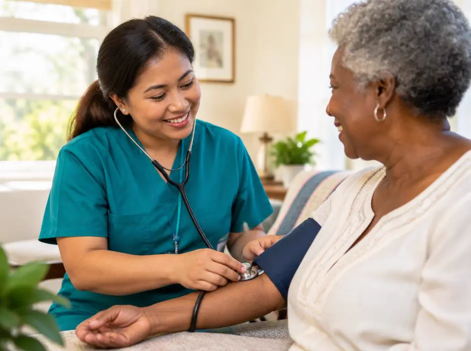 A nurse measuring an older patient's blood pressure
