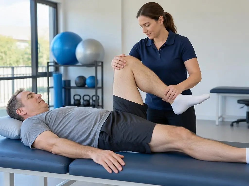 A physiotherapist guiding a knee exercise